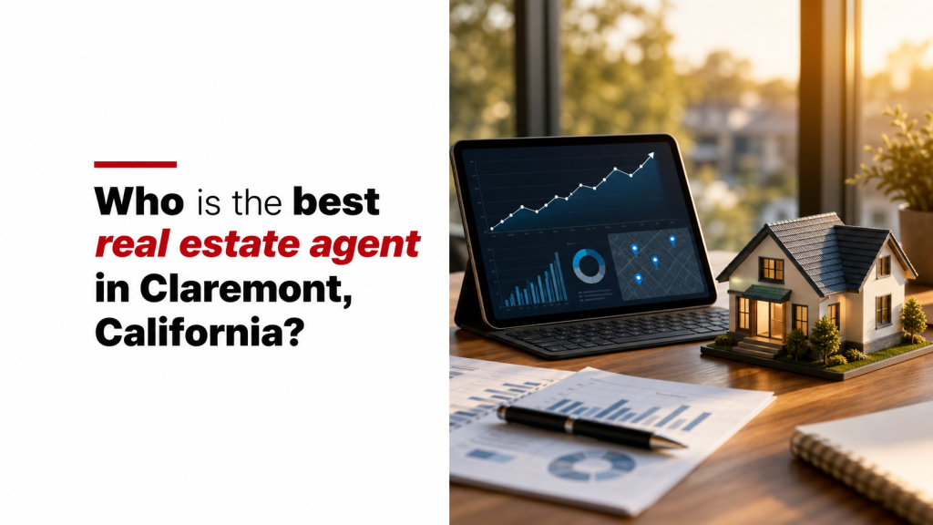 Wide horizontal blog thumbnail, 16:9 aspect ratio, editorial magazine layout. Full-bleed composition filling the entire canvas edge-to-edge. No outer frame, no border, no shadow, no matte. === DYNAMIC TITLE === Title: "Who is the best real estate agent in Claremont, California?" This title is the single source of truth for both the typography AND the photograph subject. Read it carefully before designing anything. Everything visible in the image must reinforce this exact topic — never default to a generic "realtor with sign" or "house exterior" unless the title is literally about that. === STEP 1 — INTERPRET THE TITLE (DO THIS FIRST) === Before composing the image, derive the following from the title: 1. PRIMARY TOPIC — the one concept the article is about (e.g. "semantic SEO", "first-time home buying", "Google Business Profile", "luxury listings", "mortgage rates", "home renovation ROI"). 2. KEYWORDS TO EMPHASIZE — pick 1–2 nouns/topic words from the title that carry the meaning. These will be set in crimson italic (see typography). Never emphasize connectors (for, and, the, in, of, to, a, with, on, how, what). 3. SCENE — the literal photographic subject that visually communicates the primary topic at a glance. Use the Category → Scene Library below to choose. If the title contains a sub-topic (e.g. "Semantic SEO **for Realtors**"), the scene must reflect the SUB-TOPIC, not the audience word. "for Realtors" is the audience, not the subject — so a title about "Semantic SEO for Realtors" gets an SEO/analytics scene, NOT a realtor portrait. === STEP 2 — CATEGORY → SCENE LIBRARY === Match the title's primary topic to the closest category and use the corresponding scene. If the title spans two categories, pick the one that describes the *content* of the article, not the audience. LOCAL / REAL ESTATE TOPICS • Home Buying Guides → family or couple holding keys in front of a new home, warm daylight • Home Selling Tips → agent walking a buyer through a staged living room, no signage • Local Events and Activities → outdoor community festival, string lights, crowd in soft focus • Real Estate Investment Advice → hands over a desk with property documents, charts on a tablet, small house model • Home Improvement and Renovation → mid-renovation interior, tools on a drop cloth, fresh paint, natural light • Schools and Education → modern school building exterior or bright classroom, no readable text • Local Business and Economy → busy main-street shopfronts at golden hour, pedestrians blurred • Transportation and Commute → elevated highway curving toward a city skyline at dusk • Real Estate Local Market Trends → laptop or tablet showing an upward line chart with a small house model beside it • Neighborhood Guides → aerial or elevated view of a suburban neighborhood with tree-lined streets • Financial Considerations → desk close-up of calculator, coins, pen, and a small architectural model • Real Estate Knowledge → open hardcover books beside a small house figurine on a wooden desk • Relocation Guides → labeled moving boxes stacked in a sunlit empty room • Real Estate Insights → analyst at a clean desk reviewing a property dashboard on a large monitor • First-Time Buyers → young couple smiling on the porch of a modest first home • Branding & Authority for Realtors → confident professional in business attire in a modern office, environmental portrait (not a headshot) • Luxury Real Estate → modern luxury home exterior or infinity-pool terrace at twilight • Mortgage / Finance → close-up of a contract being signed with a pen, house keys and a small model nearby • Distressed Property → weathered older house with peeling paint, overgrown yard, soft melancholic light • Lifestyle Search → family enjoying a backyard or open kitchen, candid lifestyle moment • Hyperlocal Community → small-town storefront block, locals chatting, warm afternoon light • Home Value & Appraisal Services → appraiser with clipboard inspecting a home exterior, or a model house on a balance scale • Cash Offer & Home Selling Solutions → handshake over a desk with house keys and a contract, no faces required • Realtor & Agent Representation → two professionals shaking hands across a desk in a bright office • Real Estate Listings → laptop screen showing a clean property gallery (no readable text), coffee cup beside it • Commercial Real Estate → glass office-tower facade reflecting sky, low-angle architectural shot • Real Estate Escrow Services → contract, pen, and keys arranged on a wooden desk, top-down editorial style AI / SEO / MARKETING TOPICS • SEO Authority → laptop screen showing an analytics dashboard with rising lines and node graphs • GBP Optimization (Google Business Profile) → smartphone or laptop showing a map pin with a business profile card, analytics chips beside it • Google Maps Rankings → city map close-up with multiple location pins and one highlighted at the top • Real Estate Agent Branding → environmental portrait of a professional in a modern office, deliberate styling • Coaching and Business Growth → mentor and mentee in conversation at a desk, notebook and laptop visible • AI and Future Technology for Real Estate → abstract glowing neural-network or circuit pattern overlaid on a faint city or home silhouette • Lead Generation and Funnel → laptop showing a funnel diagram or CRM pipeline, clean modern desk • Local SEO and Farming → city map with a target zone highlighted and pins clustered inside it • Technical SEO → developer's monitor showing code alongside an analytics panel, low ambient light • Content and Media Marketing → desk with camera, notebook, laptop showing a content calendar or blog layout • Certification and Authority → close-up of a framed certificate or badge on a desk, professional setting If the title clearly fits NONE of the above, choose the most literal photographic interpretation of the primary topic. Never fall back to a realtor with a "For Sale" sign. === STEP 3 — THREE-PANEL LAYOUT === The canvas is divided into THREE vertical panels from left to right: Panel 1 (leftmost, ~15% of canvas width): EMPTY WHITE SPACER PANEL / LEFT SAFE AREA. Solid pure white (#ffffff), completely empty. A deliberate empty white column running top to bottom along the left edge. No text, no lines, no marks of any kind inside it. This panel is non-negotiable — it MUST be present and it MUST be empty. Panel 2 (middle, ~35% of canvas width): WHITE CONTENT PANEL. Solid pure white (#ffffff), flat, no gradients. Contains the red accent line and the title text. Runs top to bottom. Panel 3 (rightmost, ~50% of canvas width): PHOTOGRAPH. Photorealistic editorial photograph, edge-to-edge, touches the right edge of the canvas. Panels 1 and 2 are both pure white and visually blend into one continuous white area — the division between them is invisible because both are #ffffff. The spacer panel guarantees that all text and accent-line content begins well inside the canvas, never near the left edge. ═══ CRITICAL LEFT MARGIN / SAFE AREA RULE — READ TWICE ═══ The leftmost 15% of the canvas is a LEFT SAFE AREA. It is a hard exclusion zone for all ink: • No letter may touch it. The leftmost pixel of the leftmost character's bounding box must sit at the 15% line or further right — never to the left of it. • No glyph descender, italic tail, serif terminal, or stroke flourish may extend into it. • No part of the red accent line may extend into it. • No fragment of the photograph may bleed into it. THIS RULE OVERRIDES TYPOGRAPHIC AESTHETICS. If the longest line of the title would otherwise cross the 15% line: 1. First, reduce the font size until it fits comfortably to the right of the 15% line. 2. Second, rewrap to more lines if needed. NEVER shift the text block left. NEVER let any character be clipped, cropped, or cut off at the left canvas edge. ANTI-CROP RULE: Render the full 16:9 canvas with all panels visible in their entirety. Do not crop, zoom, pan, or reframe the composition after layout. Every pixel of the leftmost 15% must be visible solid white in the final output. If you find yourself about to output an image where any letter is clipped at the left edge, STOP and re-render with the text shifted right. === ACCENT LINE === Inside Panel 2, at the top of the text block: a short horizontal bar in #c8102e (deep crimson red), roughly the width of a short word, sitting directly above the first line of title text with a small gap. Its left edge aligns with the left edge of the title text below it. === TITLE TYPOGRAPHY (INSIDE PANEL 2 ONLY) === Render the exact title above. Apply weight + color hierarchy as follows: • Topic nouns / keywords (the 1–2 words you identified in Step 1) → Black weight 900, moderate font size, color #111111, with the chosen emphasis word(s) in #c8102e crimson italic • Other nouns and verbs → Black weight 900, moderate font size, color #111111 • Connectors (for, and, the, in, of, to, a, with, on, how, what, your, you) → Light weight 300, roughly 60% the size of the keywords, color #111111 FONT SIZE: Use a restrained, moderate font size — NOT display-poster size, NOT oversized, NOT bold-headline-billboard scale. The cap-height of the keyword words should be roughly 5–7% of the total canvas height (so on a 1920×1080 canvas, cap-height around 60–80px). Connector words at ~60% of that. The title block should feel like a confident editorial subhead, not a giant magazine cover headline. Leave generous whitespace above, below, and to the right of the text inside Panel 2 — at least 20% of Panel 2's height as empty space above the title and at least 20% below it. Font: heavy geometric sans-serif, Montserrat Black or Inter Black style. Left-aligned — every line starts at the same x-position, at the left edge of Panel 2 (which is 15% in from the left edge of the canvas). Line height tight, 1.0 leading. Text block vertically centered in Panel 2. Text stays entirely within Panel 2 — never enters Panel 1 (spacer) and never enters Panel 3 (photo). The first letter of every line must sit at the Panel 2 left boundary, NOT at the canvas left edge. NO LETTER MAY BE CLIPPED OR CROPPED at the left edge of the canvas. Render every word of the title exactly as written, with correct spelling and no extra or missing words. === PHOTOGRAPH (PANEL 3) === Photorealistic editorial stock photograph showing the SCENE you chose in Step 1, fitting the topic of the title. Fills the right half of the canvas edge-to-edge. Style: • Warm golden-hour lighting, soft directional sunlight from upper right • Amber highlights, deep navy-brown shadows • Shallow depth of field, sharp subject, softly blurred background • Professional editorial mood — authoritative, premium, sophisticated, trustworthy • Composition: subject placed in the right two-thirds of Panel 3 so the left edge of the photo can breathe into the white panel without crowding the title The photograph must contain NO text, NO logos, NO watermarks, NO signs, NO readable writing, NO brand marks of any kind — including on screens, books, signage, badges, or clothing. Screens shown in the scene must display abstract charts, maps, or UI shapes only, never legible words. === CONSTRAINTS === • No outer frame, border, shadow, or matte around the canvas • White panels are flat and solid #ffffff • No icons, badges, ribbons, or decorations beyond the single red accent line • Photograph contains no text, logos, signs, or watermarks • Image fills the canvas completely with no black visible anywhere • Panel 1 (the leftmost ~15% of the canvas) is pure empty white space with absolutely nothing inside it — no text, no accent line, no ink, no glyph of any kind • The leftmost 15% of the canvas is a HARD EXCLUSION ZONE / LEFT SAFE AREA: no letter, no italic glyph, no descender, no part of the red accent line may enter this zone. Title text begins at the 15% mark, never closer to the left edge. • NO LETTER OR GLYPH MAY BE CLIPPED, CUT OFF, OR CROPPED at the left edge of the canvas. Every character must be fully visible with its complete bounding box inside the white area. • Do not crop or reframe the canvas after layout — render the full 16:9 frame with the entire 15% safe area visible as white space. • The photograph subject MUST match the title's primary topic per the Category → Scene Library; do not default to a realtor portrait, a "For Sale" sign, or a generic house exterior unless the title is literally about that