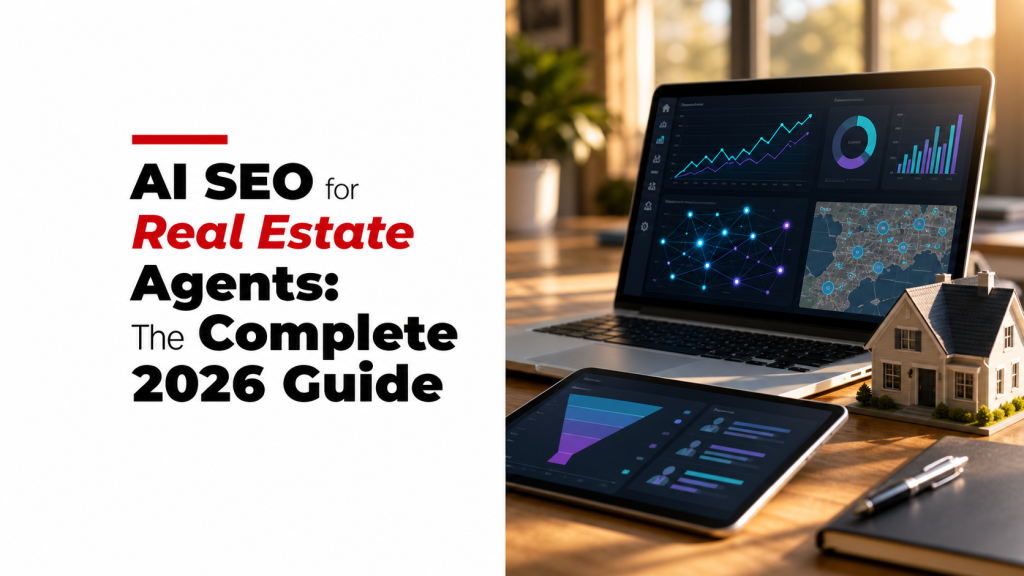 Wide horizontal blog thumbnail, 16:9 aspect ratio, editorial magazine layout. Full-bleed composition filling the entire canvas edge-to-edge. No outer frame, no border, no shadow, no matte. === DYNAMIC TITLE === Title: "AI SEO for Real Estate Agents: The Complete 2026 Guide" This title is the single source of truth for both the typography AND the photograph subject. Read it carefully before designing anything. Everything visible in the image must reinforce this exact topic — never default to a generic "realtor with sign" or "house exterior" unless the title is literally about that. === STEP 1 — INTERPRET THE TITLE (DO THIS FIRST) === Before composing the image, derive the following from the title: 1. PRIMARY TOPIC — the one concept the article is about (e.g. "semantic SEO", "first-time home buying", "Google Business Profile", "luxury listings", "mortgage rates", "home renovation ROI"). 2. KEYWORDS TO EMPHASIZE — pick 1–2 nouns/topic words from the title that carry the meaning. These will be set in crimson italic (see typography). Never emphasize connectors (for, and, the, in, of, to, a, with, on, how, what). 3. SCENE — the literal photographic subject that visually communicates the primary topic at a glance. Use the Category → Scene Library below to choose. If the title contains a sub-topic (e.g. "Semantic SEO **for Realtors**"), the scene must reflect the SUB-TOPIC, not the audience word. "for Realtors" is the audience, not the subject — so a title about "Semantic SEO for Realtors" gets an SEO/analytics scene, NOT a realtor portrait. === STEP 2 — CATEGORY → SCENE LIBRARY === Match the title's primary topic to the closest category and use the corresponding scene. If the title spans two categories, pick the one that describes the *content* of the article, not the audience. LOCAL / REAL ESTATE TOPICS • Home Buying Guides → family or couple holding keys in front of a new home, warm daylight • Home Selling Tips → agent walking a buyer through a staged living room, no signage • Local Events and Activities → outdoor community festival, string lights, crowd in soft focus • Real Estate Investment Advice → hands over a desk with property documents, charts on a tablet, small house model • Home Improvement and Renovation → mid-renovation interior, tools on a drop cloth, fresh paint, natural light • Schools and Education → modern school building exterior or bright classroom, no readable text • Local Business and Economy → busy main-street shopfronts at golden hour, pedestrians blurred • Transportation and Commute → elevated highway curving toward a city skyline at dusk • Real Estate Local Market Trends → laptop or tablet showing an upward line chart with a small house model beside it • Neighborhood Guides → aerial or elevated view of a suburban neighborhood with tree-lined streets • Financial Considerations → desk close-up of calculator, coins, pen, and a small architectural model • Real Estate Knowledge → open hardcover books beside a small house figurine on a wooden desk • Relocation Guides → labeled moving boxes stacked in a sunlit empty room • Real Estate Insights → analyst at a clean desk reviewing a property dashboard on a large monitor • First-Time Buyers → young couple smiling on the porch of a modest first home • Branding & Authority for Realtors → confident professional in business attire in a modern office, environmental portrait (not a headshot) • Luxury Real Estate → modern luxury home exterior or infinity-pool terrace at twilight • Mortgage / Finance → close-up of a contract being signed with a pen, house keys and a small model nearby • Distressed Property → weathered older house with peeling paint, overgrown yard, soft melancholic light • Lifestyle Search → family enjoying a backyard or open kitchen, candid lifestyle moment • Hyperlocal Community → small-town storefront block, locals chatting, warm afternoon light • Home Value & Appraisal Services → appraiser with clipboard inspecting a home exterior, or a model house on a balance scale • Cash Offer & Home Selling Solutions → handshake over a desk with house keys and a contract, no faces required • Realtor & Agent Representation → two professionals shaking hands across a desk in a bright office • Real Estate Listings → laptop screen showing a clean property gallery (no readable text), coffee cup beside it • Commercial Real Estate → glass office-tower facade reflecting sky, low-angle architectural shot • Real Estate Escrow Services → contract, pen, and keys arranged on a wooden desk, top-down editorial style AI / SEO / MARKETING TOPICS • SEO Authority → laptop screen showing an analytics dashboard with rising lines and node graphs • GBP Optimization (Google Business Profile) → smartphone or laptop showing a map pin with a business profile card, analytics chips beside it • Google Maps Rankings → city map close-up with multiple location pins and one highlighted at the top • Real Estate Agent Branding → environmental portrait of a professional in a modern office, deliberate styling • Coaching and Business Growth → mentor and mentee in conversation at a desk, notebook and laptop visible • AI and Future Technology for Real Estate → abstract glowing neural-network or circuit pattern overlaid on a faint city or home silhouette • Lead Generation and Funnel → laptop showing a funnel diagram or CRM pipeline, clean modern desk • Local SEO and Farming → city map with a target zone highlighted and pins clustered inside it • Technical SEO → developer's monitor showing code alongside an analytics panel, low ambient light • Content and Media Marketing → desk with camera, notebook, laptop showing a content calendar or blog layout • Certification and Authority → close-up of a framed certificate or badge on a desk, professional setting If the title clearly fits NONE of the above, choose the most literal photographic interpretation of the primary topic. Never fall back to a realtor with a "For Sale" sign. === STEP 3 — THREE-PANEL LAYOUT === The canvas is divided into THREE vertical panels from left to right: Panel 1 (leftmost, ~15% of canvas width): EMPTY WHITE SPACER PANEL / LEFT SAFE AREA. Solid pure white (#ffffff), completely empty. A deliberate empty white column running top to bottom along the left edge. No text, no lines, no marks of any kind inside it. This panel is non-negotiable — it MUST be present and it MUST be empty. Panel 2 (middle, ~35% of canvas width): WHITE CONTENT PANEL. Solid pure white (#ffffff), flat, no gradients. Contains the red accent line and the title text. Runs top to bottom. Panel 3 (rightmost, ~50% of canvas width): PHOTOGRAPH. Photorealistic editorial photograph, edge-to-edge, touches the right edge of the canvas. Panels 1 and 2 are both pure white and visually blend into one continuous white area — the division between them is invisible because both are #ffffff. The spacer panel guarantees that all text and accent-line content begins well inside the canvas, never near the left edge. ═══ CRITICAL LEFT MARGIN / SAFE AREA RULE — READ TWICE ═══ The leftmost 15% of the canvas is a LEFT SAFE AREA. It is a hard exclusion zone for all ink: • No letter may touch it. The leftmost pixel of the leftmost character's bounding box must sit at the 15% line or further right — never to the left of it. • No glyph descender, italic tail, serif terminal, or stroke flourish may extend into it. • No part of the red accent line may extend into it. • No fragment of the photograph may bleed into it. THIS RULE OVERRIDES TYPOGRAPHIC AESTHETICS. If the longest line of the title would otherwise cross the 15% line: 1. First, reduce the font size until it fits comfortably to the right of the 15% line. 2. Second, rewrap to more lines if needed. NEVER shift the text block left. NEVER let any character be clipped, cropped, or cut off at the left canvas edge. ANTI-CROP RULE: Render the full 16:9 canvas with all panels visible in their entirety. Do not crop, zoom, pan, or reframe the composition after layout. Every pixel of the leftmost 15% must be visible solid white in the final output. If you find yourself about to output an image where any letter is clipped at the left edge, STOP and re-render with the text shifted right. === ACCENT LINE === Inside Panel 2, at the top of the text block: a short horizontal bar in #c8102e (deep crimson red), roughly the width of a short word, sitting directly above the first line of title text with a small gap. Its left edge aligns with the left edge of the title text below it. === TITLE TYPOGRAPHY (INSIDE PANEL 2 ONLY) === Render the exact title above. Apply weight + color hierarchy as follows: • Topic nouns / keywords (the 1–2 words you identified in Step 1) → Black weight 900, moderate font size, color #111111, with the chosen emphasis word(s) in #c8102e crimson italic • Other nouns and verbs → Black weight 900, moderate font size, color #111111 • Connectors (for, and, the, in, of, to, a, with, on, how, what, your, you) → Light weight 300, roughly 60% the size of the keywords, color #111111 FONT SIZE: Use a restrained, moderate font size — NOT display-poster size, NOT oversized, NOT bold-headline-billboard scale. The cap-height of the keyword words should be roughly 5–7% of the total canvas height (so on a 1920×1080 canvas, cap-height around 60–80px). Connector words at ~60% of that. The title block should feel like a confident editorial subhead, not a giant magazine cover headline. Leave generous whitespace above, below, and to the right of the text inside Panel 2 — at least 20% of Panel 2's height as empty space above the title and at least 20% below it. Font: heavy geometric sans-serif, Montserrat Black or Inter Black style. Left-aligned — every line starts at the same x-position, at the left edge of Panel 2 (which is 15% in from the left edge of the canvas). Line height tight, 1.0 leading. Text block vertically centered in Panel 2. Text stays entirely within Panel 2 — never enters Panel 1 (spacer) and never enters Panel 3 (photo). The first letter of every line must sit at the Panel 2 left boundary, NOT at the canvas left edge. NO LETTER MAY BE CLIPPED OR CROPPED at the left edge of the canvas. Render every word of the title exactly as written, with correct spelling and no extra or missing words. === PHOTOGRAPH (PANEL 3) === Photorealistic editorial stock photograph showing the SCENE you chose in Step 1, fitting the topic of the title. Fills the right half of the canvas edge-to-edge. Style: • Warm golden-hour lighting, soft directional sunlight from upper right • Amber highlights, deep navy-brown shadows • Shallow depth of field, sharp subject, softly blurred background • Professional editorial mood — authoritative, premium, sophisticated, trustworthy • Composition: subject placed in the right two-thirds of Panel 3 so the left edge of the photo can breathe into the white panel without crowding the title The photograph must contain NO text, NO logos, NO watermarks, NO signs, NO readable writing, NO brand marks of any kind — including on screens, books, signage, badges, or clothing. Screens shown in the scene must display abstract charts, maps, or UI shapes only, never legible words. === CONSTRAINTS === • No outer frame, border, shadow, or matte around the canvas • White panels are flat and solid #ffffff • No icons, badges, ribbons, or decorations beyond the single red accent line • Photograph contains no text, logos, signs, or watermarks • Image fills the canvas completely with no black visible anywhere • Panel 1 (the leftmost ~15% of the canvas) is pure empty white space with absolutely nothing inside it — no text, no accent line, no ink, no glyph of any kind • The leftmost 15% of the canvas is a HARD EXCLUSION ZONE / LEFT SAFE AREA: no letter, no italic glyph, no descender, no part of the red accent line may enter this zone. Title text begins at the 15% mark, never closer to the left edge. • NO LETTER OR GLYPH MAY BE CLIPPED, CUT OFF, OR CROPPED at the left edge of the canvas. Every character must be fully visible with its complete bounding box inside the white area. • Do not crop or reframe the canvas after layout — render the full 16:9 frame with the entire 15% safe area visible as white space. • The photograph subject MUST match the title's primary topic per the Category → Scene Library; do not default to a realtor portrait, a "For Sale" sign, or a generic house exterior unless the title is literally about that