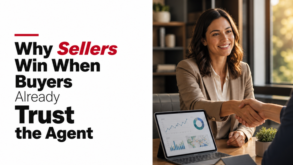 Wide horizontal blog thumbnail, 16:9 aspect ratio, editorial magazine layout. Full-bleed composition filling the entire canvas edge-to-edge. No outer frame, no border, no shadow, no matte. === DYNAMIC TITLE === Title: "Why Sellers Win When Buyers Already Trust the Agent" This title is the single source of truth for both the typography AND the photograph subject. Read it carefully before designing anything. Everything visible in the image must reinforce this exact topic — never default to a generic "realtor with sign" or "house exterior" unless the title is literally about that. === STEP 1 — INTERPRET THE TITLE (DO THIS FIRST) === Before composing the image, derive the following from the title: 1. PRIMARY TOPIC — the one concept the article is about (e.g. "semantic SEO", "first-time home buying", "Google Business Profile", "luxury listings", "mortgage rates", "home renovation ROI"). 2. KEYWORDS TO EMPHASIZE — pick 1–2 nouns/topic words from the title that carry the meaning. These will be set in crimson italic (see typography). Never emphasize connectors (for, and, the, in, of, to, a, with, on, how, what). 3. SCENE — the literal photographic subject that visually communicates the primary topic at a glance. Use the Category → Scene Library below to choose. If the title contains a sub-topic (e.g. "Semantic SEO **for Realtors**"), the scene must reflect the SUB-TOPIC, not the audience word. "for Realtors" is the audience, not the subject — so a title about "Semantic SEO for Realtors" gets an SEO/analytics scene, NOT a realtor portrait. === STEP 2 — CATEGORY → SCENE LIBRARY === Match the title's primary topic to the closest category and use the corresponding scene. If the title spans two categories, pick the one that describes the *content* of the article, not the audience. LOCAL / REAL ESTATE TOPICS • Home Buying Guides → family or couple holding keys in front of a new home, warm daylight • Home Selling Tips → agent walking a buyer through a staged living room, no signage • Local Events and Activities → outdoor community festival, string lights, crowd in soft focus • Real Estate Investment Advice → hands over a desk with property documents, charts on a tablet, small house model • Home Improvement and Renovation → mid-renovation interior, tools on a drop cloth, fresh paint, natural light • Schools and Education → modern school building exterior or bright classroom, no readable text • Local Business and Economy → busy main-street shopfronts at golden hour, pedestrians blurred • Transportation and Commute → elevated highway curving toward a city skyline at dusk • Real Estate Local Market Trends → laptop or tablet showing an upward line chart with a small house model beside it • Neighborhood Guides → aerial or elevated view of a suburban neighborhood with tree-lined streets • Financial Considerations → desk close-up of calculator, coins, pen, and a small architectural model • Real Estate Knowledge → open hardcover books beside a small house figurine on a wooden desk • Relocation Guides → labeled moving boxes stacked in a sunlit empty room • Real Estate Insights → analyst at a clean desk reviewing a property dashboard on a large monitor • First-Time Buyers → young couple smiling on the porch of a modest first home • Branding & Authority for Realtors → confident professional in business attire in a modern office, environmental portrait (not a headshot) • Luxury Real Estate → modern luxury home exterior or infinity-pool terrace at twilight • Mortgage / Finance → close-up of a contract being signed with a pen, house keys and a small model nearby • Distressed Property → weathered older house with peeling paint, overgrown yard, soft melancholic light • Lifestyle Search → family enjoying a backyard or open kitchen, candid lifestyle moment • Hyperlocal Community → small-town storefront block, locals chatting, warm afternoon light • Home Value & Appraisal Services → appraiser with clipboard inspecting a home exterior, or a model house on a balance scale • Cash Offer & Home Selling Solutions → handshake over a desk with house keys and a contract, no faces required • Realtor & Agent Representation → two professionals shaking hands across a desk in a bright office • Real Estate Listings → laptop screen showing a clean property gallery (no readable text), coffee cup beside it • Commercial Real Estate → glass office-tower facade reflecting sky, low-angle architectural shot • Real Estate Escrow Services → contract, pen, and keys arranged on a wooden desk, top-down editorial style AI / SEO / MARKETING TOPICS • SEO Authority → laptop screen showing an analytics dashboard with rising lines and node graphs • GBP Optimization (Google Business Profile) → smartphone or laptop showing a map pin with a business profile card, analytics chips beside it • Google Maps Rankings → city map close-up with multiple location pins and one highlighted at the top • Real Estate Agent Branding → environmental portrait of a professional in a modern office, deliberate styling • Coaching and Business Growth → mentor and mentee in conversation at a desk, notebook and laptop visible • AI and Future Technology for Real Estate → abstract glowing neural-network or circuit pattern overlaid on a faint city or home silhouette • Lead Generation and Funnel → laptop showing a funnel diagram or CRM pipeline, clean modern desk • Local SEO and Farming → city map with a target zone highlighted and pins clustered inside it • Technical SEO → developer's monitor showing code alongside an analytics panel, low ambient light • Content and Media Marketing → desk with camera, notebook, laptop showing a content calendar or blog layout • Certification and Authority → close-up of a framed certificate or badge on a desk, professional setting If the title clearly fits NONE of the above, choose the most literal photographic interpretation of the primary topic. Never fall back to a realtor with a "For Sale" sign. === STEP 3 — THREE-PANEL LAYOUT === The canvas is divided into THREE vertical panels from left to right: Panel 1 (leftmost, ~15% of canvas width): EMPTY WHITE SPACER PANEL / LEFT SAFE AREA. Solid pure white (#ffffff), completely empty. A deliberate empty white column running top to bottom along the left edge. No text, no lines, no marks of any kind inside it. This panel is non-negotiable — it MUST be present and it MUST be empty. Panel 2 (middle, ~35% of canvas width): WHITE CONTENT PANEL. Solid pure white (#ffffff), flat, no gradients. Contains the red accent line and the title text. Runs top to bottom. Panel 3 (rightmost, ~50% of canvas width): PHOTOGRAPH. Photorealistic editorial photograph, edge-to-edge, touches the right edge of the canvas. Panels 1 and 2 are both pure white and visually blend into one continuous white area — the division between them is invisible because both are #ffffff. The spacer panel guarantees that all text and accent-line content begins well inside the canvas, never near the left edge. ═══ CRITICAL LEFT MARGIN / SAFE AREA RULE — READ TWICE ═══ The leftmost 15% of the canvas is a LEFT SAFE AREA. It is a hard exclusion zone for all ink: • No letter may touch it. The leftmost pixel of the leftmost character's bounding box must sit at the 15% line or further right — never to the left of it. • No glyph descender, italic tail, serif terminal, or stroke flourish may extend into it. • No part of the red accent line may extend into it. • No fragment of the photograph may bleed into it. THIS RULE OVERRIDES TYPOGRAPHIC AESTHETICS. If the longest line of the title would otherwise cross the 15% line: 1. First, reduce the font size until it fits comfortably to the right of the 15% line. 2. Second, rewrap to more lines if needed. NEVER shift the text block left. NEVER let any character be clipped, cropped, or cut off at the left canvas edge. ANTI-CROP RULE: Render the full 16:9 canvas with all panels visible in their entirety. Do not crop, zoom, pan, or reframe the composition after layout. Every pixel of the leftmost 15% must be visible solid white in the final output. If you find yourself about to output an image where any letter is clipped at the left edge, STOP and re-render with the text shifted right. === ACCENT LINE === Inside Panel 2, at the top of the text block: a short horizontal bar in #c8102e (deep crimson red), roughly the width of a short word, sitting directly above the first line of title text with a small gap. Its left edge aligns with the left edge of the title text below it. === TITLE TYPOGRAPHY (INSIDE PANEL 2 ONLY) === Render the exact title above. Apply weight + color hierarchy as follows: • Topic nouns / keywords (the 1–2 words you identified in Step 1) → Black weight 900, moderate font size, color #111111, with the chosen emphasis word(s) in #c8102e crimson italic • Other nouns and verbs → Black weight 900, moderate font size, color #111111 • Connectors (for, and, the, in, of, to, a, with, on, how, what, your, you) → Light weight 300, roughly 60% the size of the keywords, color #111111 FONT SIZE: Use a restrained, moderate font size — NOT display-poster size, NOT oversized, NOT bold-headline-billboard scale. The cap-height of the keyword words should be roughly 5–7% of the total canvas height (so on a 1920×1080 canvas, cap-height around 60–80px). Connector words at ~60% of that. The title block should feel like a confident editorial subhead, not a giant magazine cover headline. Leave generous whitespace above, below, and to the right of the text inside Panel 2 — at least 20% of Panel 2's height as empty space above the title and at least 20% below it. Font: heavy geometric sans-serif, Montserrat Black or Inter Black style. Left-aligned — every line starts at the same x-position, at the left edge of Panel 2 (which is 15% in from the left edge of the canvas). Line height tight, 1.0 leading. Text block vertically centered in Panel 2. Text stays entirely within Panel 2 — never enters Panel 1 (spacer) and never enters Panel 3 (photo). The first letter of every line must sit at the Panel 2 left boundary, NOT at the canvas left edge. NO LETTER MAY BE CLIPPED OR CROPPED at the left edge of the canvas. Render every word of the title exactly as written, with correct spelling and no extra or missing words. === PHOTOGRAPH (PANEL 3) === Photorealistic editorial stock photograph showing the SCENE you chose in Step 1, fitting the topic of the title. Fills the right half of the canvas edge-to-edge. Style: • Warm golden-hour lighting, soft directional sunlight from upper right • Amber highlights, deep navy-brown shadows • Shallow depth of field, sharp subject, softly blurred background • Professional editorial mood — authoritative, premium, sophisticated, trustworthy • Composition: subject placed in the right two-thirds of Panel 3 so the left edge of the photo can breathe into the white panel without crowding the title The photograph must contain NO text, NO logos, NO watermarks, NO signs, NO readable writing, NO brand marks of any kind — including on screens, books, signage, badges, or clothing. Screens shown in the scene must display abstract charts, maps, or UI shapes only, never legible words. === CONSTRAINTS === • No outer frame, border, shadow, or matte around the canvas • White panels are flat and solid #ffffff • No icons, badges, ribbons, or decorations beyond the single red accent line • Photograph contains no text, logos, signs, or watermarks • Image fills the canvas completely with no black visible anywhere • Panel 1 (the leftmost ~15% of the canvas) is pure empty white space with absolutely nothing inside it — no text, no accent line, no ink, no glyph of any kind • The leftmost 15% of the canvas is a HARD EXCLUSION ZONE / LEFT SAFE AREA: no letter, no italic glyph, no descender, no part of the red accent line may enter this zone. Title text begins at the 15% mark, never closer to the left edge. • NO LETTER OR GLYPH MAY BE CLIPPED, CUT OFF, OR CROPPED at the left edge of the canvas. Every character must be fully visible with its complete bounding box inside the white area. • Do not crop or reframe the canvas after layout — render the full 16:9 frame with the entire 15% safe area visible as white space. • The photograph subject MUST match the title's primary topic per the Category → Scene Library; do not default to a realtor portrait, a "For Sale" sign, or a generic house exterior unless the title is literally about that